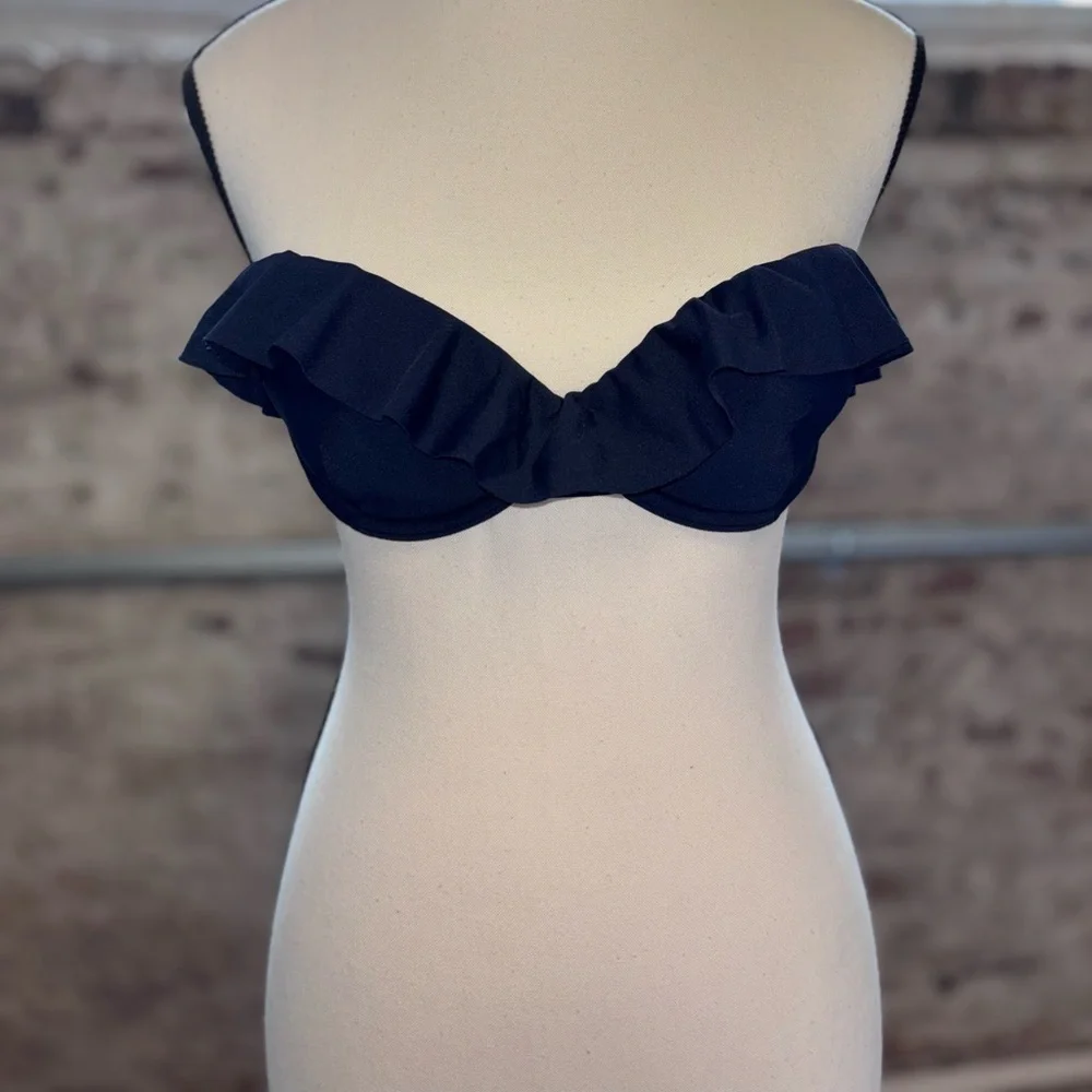 Navy Ruffle Bandeau Bikini Top Bathing Suit Separate Size Small